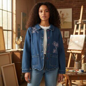 VTG Keren Hart Large Blue Button Up Pockets Embroidered Flower Denim Jean Jacket
